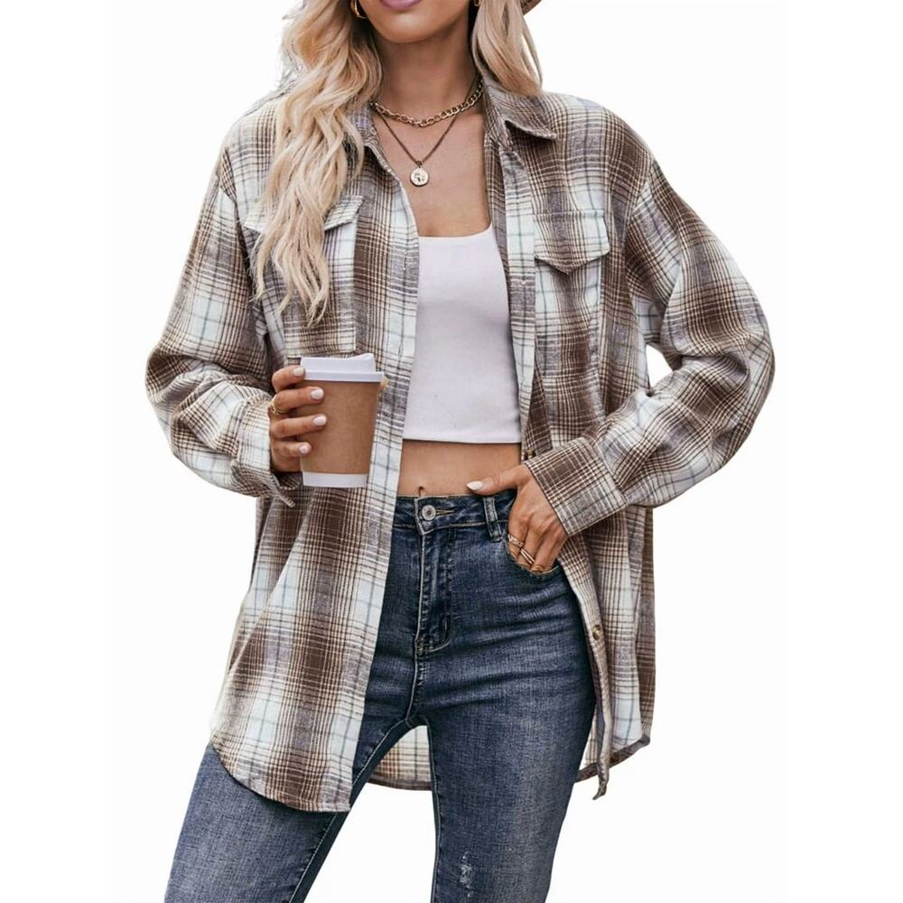 NEW Plaid Shacket Women Oversized Button Down Shirt LARGE